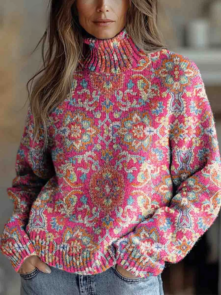 Martha - Retro Ethnic Floral Turtleneck