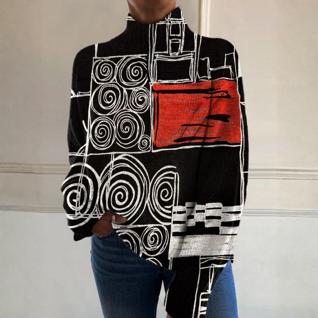 Hazel - Abstract colour block print turtleneck sweater